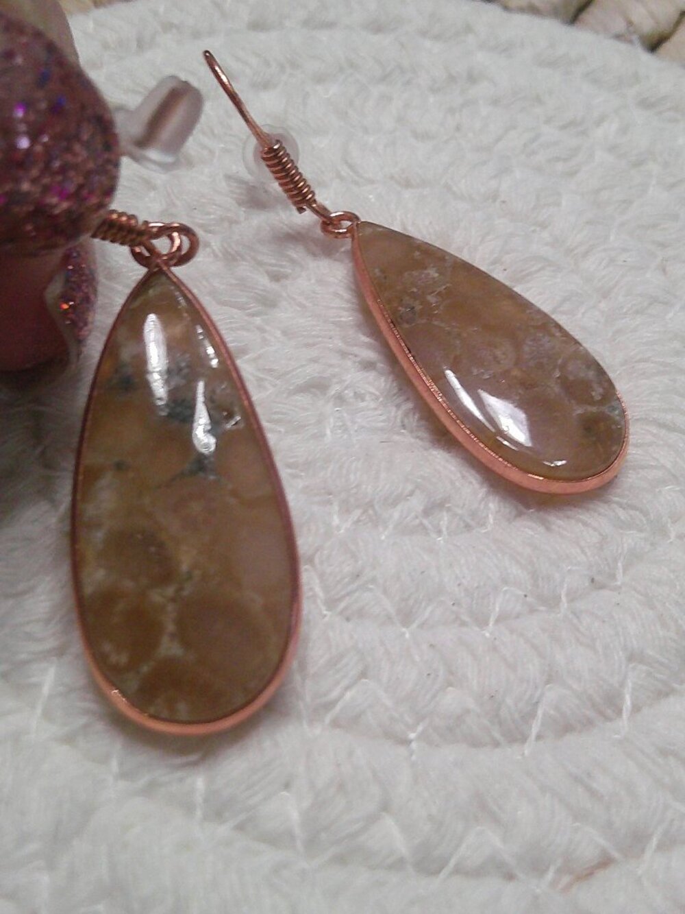 Natural FOSSIL CORAL Handmade Copper Dangle Earrings #248F